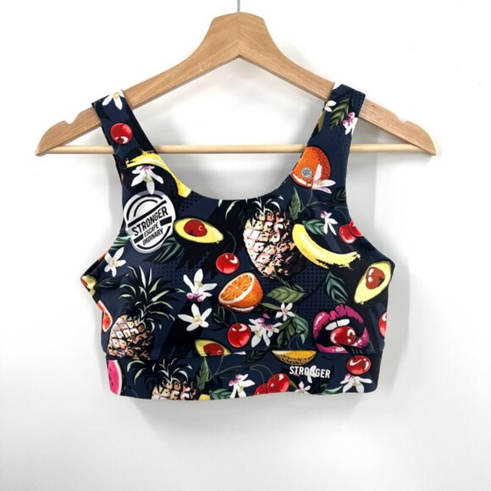 Stronger label sports bra workout top fruit escape ordinary FUNKY loud fun M - Picture 2 of 11